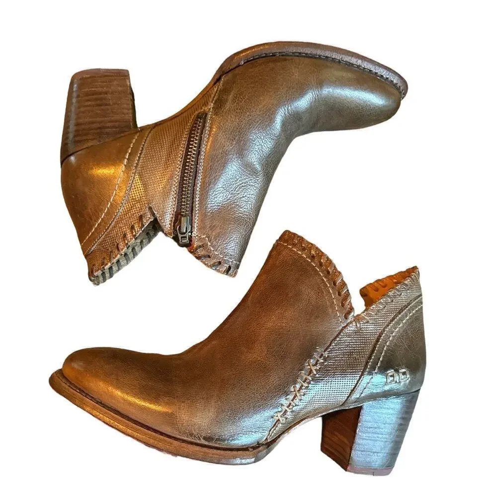 Bed|Stu Leather Ankle Boots Brown Distressed Western Side Zip Stacked Heel 10